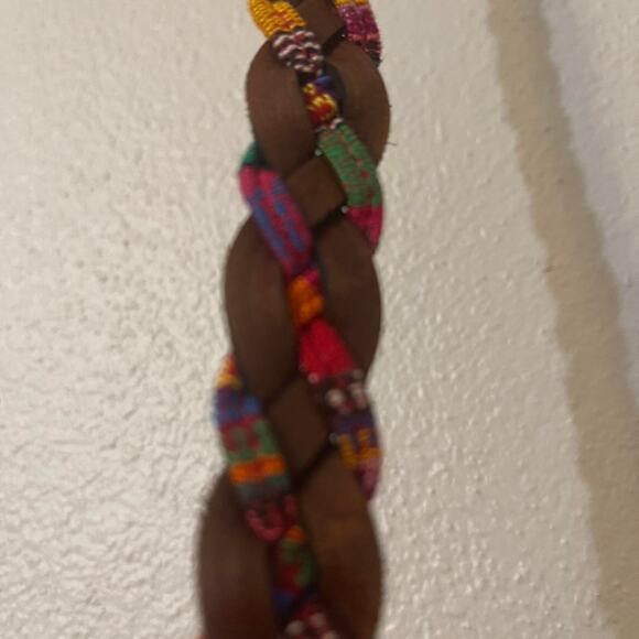 Colorful Womens Leather Belt, Rainbow Cotton Pattern Woven w/ Brown, Size L - Picture 3 of 6